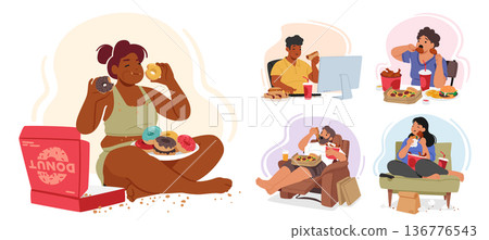 Group Of Overweight Characters With Obsessive Eating Habits Can Not Struggle To Control Their Impulses. People Overeat 136776543