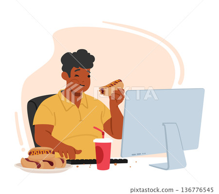 Man Character With An Obsessive Eating Disorder Sit at Desk Struggle With His Weight, Overindulging In Unhealthy Foods 136776545