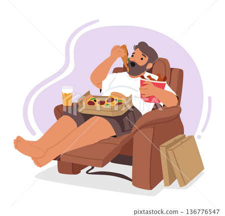 Man Character With Obsessive Eating Is Depicted Lying On Armchair, Consuming Excessive Amounts Of Fast Food Man Character With Obsessive Eating Is Depicted Lying On Armchair, Consuming Excessive Amounts Of Fast Food 136776547
