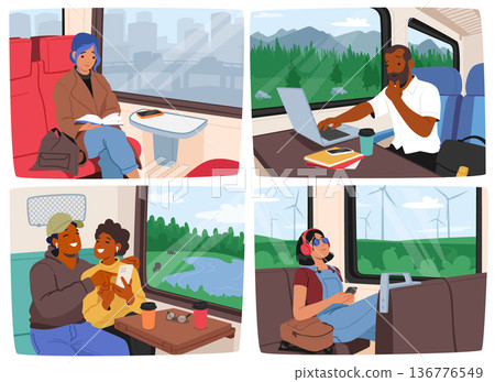 Commuters Sitting On Train Seats While Traveling To Their Destinations. People Reading, Lost In Thought Or Talking 136776549