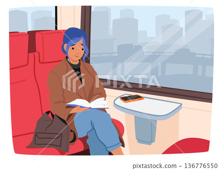 Young Woman, Engrossed In A Book, Sitting In A Train Carriage With Cityscape Background Blurs Into Motion, Illustration 136776550