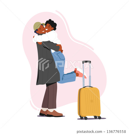 Woman Hugging Man With Suitcase Meet Lover In Airport. Happy Couple Embrace Reunite After Separation Woman Hugging Man With Suitcase Meet Lover In Airport. Happy Couple Embrace Reunite After Separation 136776558