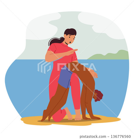 Rescuer Female Character Provides Service For Drowning Man that Involves Skilled Personnel Trained In Water Safety Rescuer Female Character Provides Service For Drowning Man that Involves Skilled Personnel Trained In Water Safety 136776560