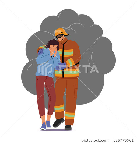 Rescuer Male Character Assists Woman To Escape Burning Building Through Thick Smoke, Carrying Her To Safety Isolated 136776561