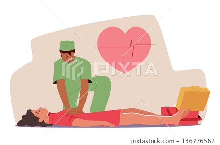 Rescuer Character Doing Resuscitation, Chest Compressions To Restore Blood Flow And Oxygen To Body Rescuer Character Doing Resuscitation, Chest Compressions To Restore Blood Flow And Oxygen To Body 136776562