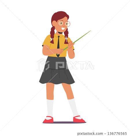 Smart School Girl Character Wearing Glasses Confidently Holds Pointer, Ready To Share Knowledge And Engage In Classroom Smart School Girl Character Wearing Glasses Confidently Holds Pointer, Ready To Share Knowledge And Engage In Classroom 136776565