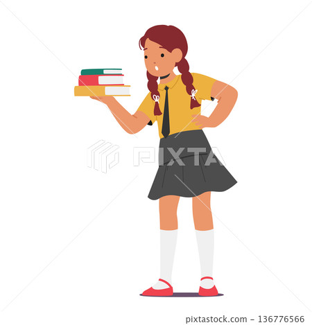 Diligent Schoolgirl Character Holding Books with Astonished Expression on her Face, Represents Knowledge, Dedication 136776566