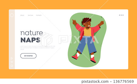 Nature Naps Landing Page Template. Black Boy Character Resting On Lush Green Meadow, Viewed From Above Nature Naps Landing Page Template. Black Boy Character Resting On Lush Green Meadow, Viewed From Above 136776569