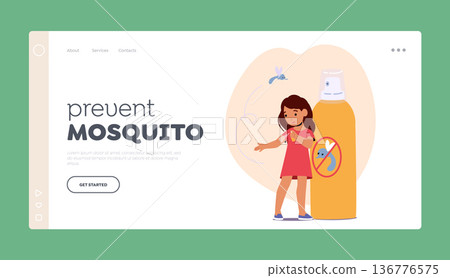 Prevent Mosquito Landing Page Template. Little Girl Character Use Repellent for Mosquitoes Protection 136776575
