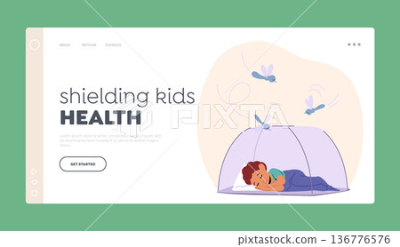 Shielding Kid's Health Landing Page Template. Little Boy Character Sleeps Under Net, Shielded From Mosquitoes Shielding Kid's Health Landing Page Template. Little Boy Character Sleeps Under Net, Shielded From Mosquitoes 136776576