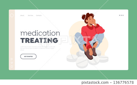 Medication Treating Landing Page Template. Woman Sit On Big Medicines Heap. Female Character Sitting On Pile of Tablets 136776578