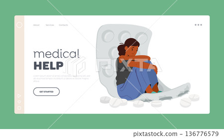 Medical Help Landing Page Template. Female Character Sit On Blister with Scatter Tablets. Medication, Illness, Disorder Medical Help Landing Page Template. Female Character Sit On Blister with Scatter Tablets. Medication, Illness, Disorder 136776579
