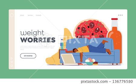 Weight Worries Landing Page Template. Obese Male Character Fall Asleep after Eating Much Fast Food, Vector Illustration Weight Worries Landing Page Template. Obese Male Character Fall Asleep after Eating Much Fast Food, Vector Illustration 136776580