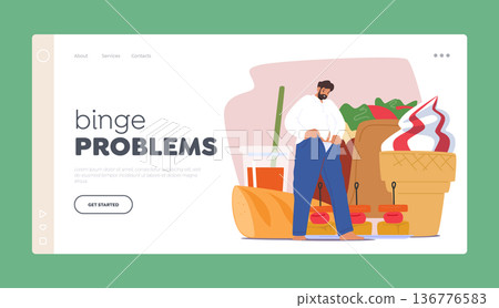 Binge Problems Landing Page Template. Obese Man Struggles To Zip Up Undersized Pants Due To The Restriction Illustration Binge Problems Landing Page Template. Obese Man Struggles To Zip Up Undersized Pants Due To The Restriction Illustration 136776583