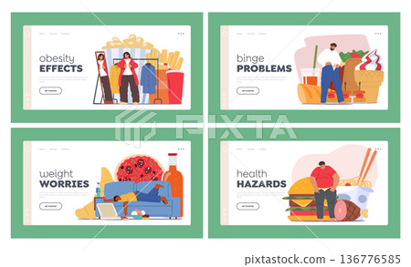 Fat Character Overeat Fast Food Landing Page Template Set. People Experience Weight Gain, Health Problems, Illustration Fat Character Overeat Fast Food Landing Page Template Set. People Experience Weight Gain, Health Problems, Illustration 136776585