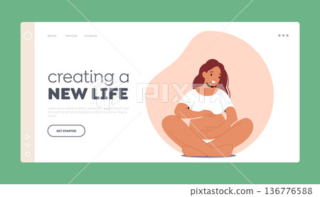 Pregnant Woman Landing Page Template. Stunning Expectant Mother Character With Glowing Smile And Bulging Belly 136776588