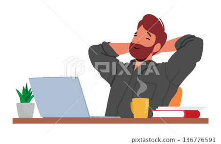Relaxed Male Character at Notebook. Calm Man Working On A Laptop, Enjoying A Cup Of Coffee On His Desk Relaxed Male Character at Notebook. Calm Man Working On A Laptop, Enjoying A Cup Of Coffee On His Desk 136776591