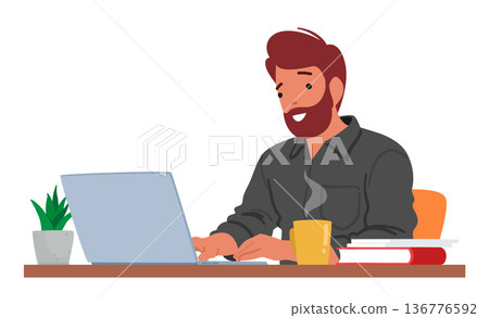 Contented Man Typing On Laptop, Displaying A Relaxed Demeanor And A Satisfied Expression, Vector Illustration 136776592
