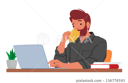 Man Sits At His Laptop, Sipping Coffee, Engrossed In His Work. Male Character Navigates Through His Tasks With Focus Man Sits At His Laptop, Sipping Coffee, Engrossed In His Work. Male Character Navigates Through His Tasks With Focus 136776593