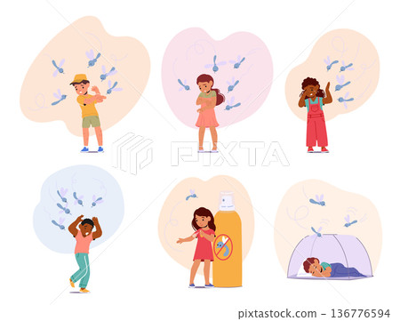 Set of Children Suffer from Mosquito Bites, Little Boys and Girls Characters Protected with Repellent and Special Net Set of Children Suffer from Mosquito Bites, Little Boys and Girls Characters Protected with Repellent and Special Net 136776594