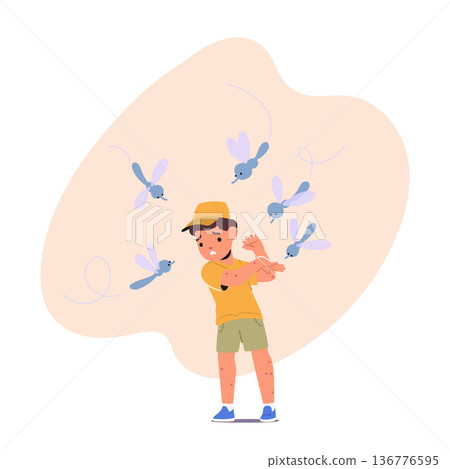 Mosquitoes Bite Kid Causing Red Bumps, Itching, And Swelling. It Can Also Lead To Allergic Reactions And Diseases Mosquitoes Bite Kid Causing Red Bumps, Itching, And Swelling. It Can Also Lead To Allergic Reactions And Diseases 136776595