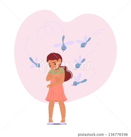 Mosquitoes Bite Child, Causing Itch, Redness, Swelling. Can Transmit Diseases Like Dengue, Malaria, Vector Illustration 136776596