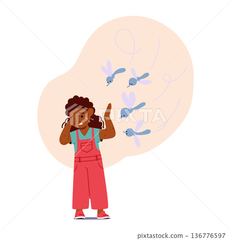 Little Girl Character Crying Due To Mosquito Bites. Red, Swollen, Itchy Bites Cover The Child Skin As Tears Stream Down 136776597