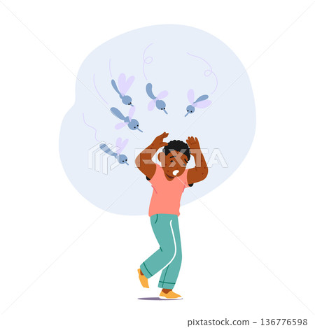 Red-faced, Teary-eyed Kid Frantically Flailing Arms And Legs To Escape From Buzzing Mosquitoes, Vector Illustration 136776598