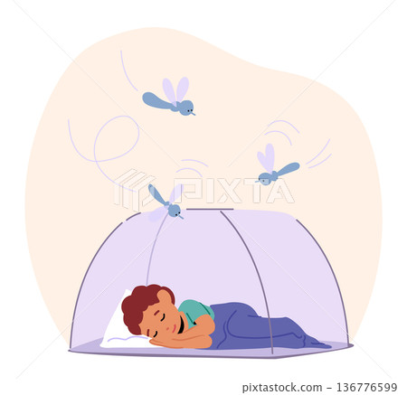 Little Boy Character Sleeps Under Net, Shielded From Mosquitoes. Comforted By Safety, Drifting To Dreamland In Slumber Little Boy Character Sleeps Under Net, Shielded From Mosquitoes. Comforted By Safety, Drifting To Dreamland In Slumber 136776599