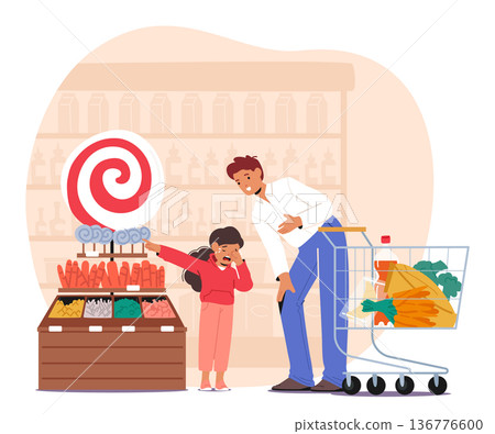 Frantic Child Character Passionately Insists On Buying Candy In Supermarket Creating A Chaotic Scene Vector Illustration 136776600