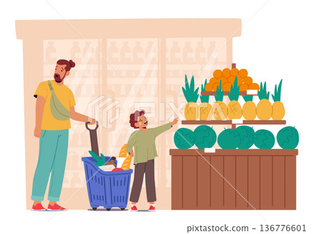 In The Bustling Supermarket, A Hysterical Child Passionately Demanded To Buy A Pineapple, Cartoon Vector Illustration 136776601