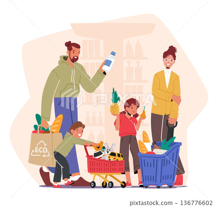 Cheerful Family Characters With Kids Strolling Through A Supermarket, Their Cart Filled With Groceries, Vector Cheerful Family Characters With Kids Strolling Through A Supermarket, Their Cart Filled With Groceries, Vector 136776602