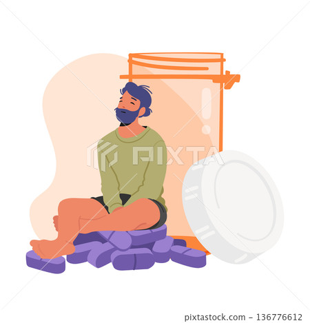 Male Character Sitting On On Huge Pile Of Medication or Antidepressant Pills Near The Open Bottle Vector Illustration Male Character Sitting On On Huge Pile Of Medication or Antidepressant Pills Near The Open Bottle Vector Illustration 136776612