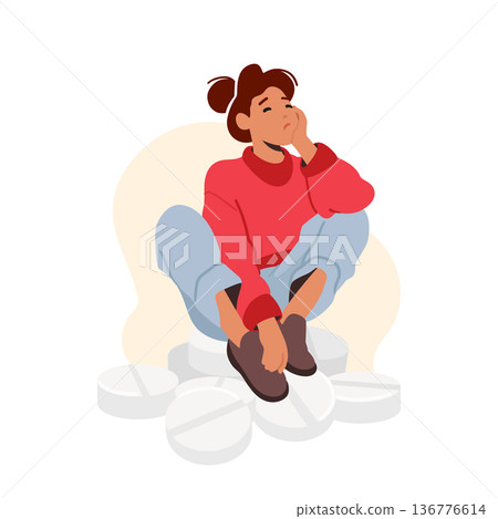 Woman Sit On Big Medicines Heap. Female Character Sitting On Huge Pile Tablets. Girl With Health Problem, Insomnia 136776614