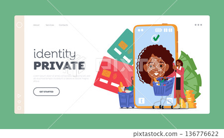Identity Private Landing Page Template. Tiny Female Character With Shopping Trolley Stand near Huge Phone Screen 136776622