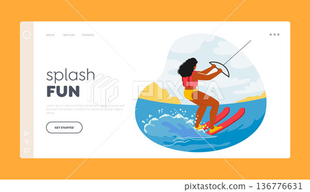 Splash Fun Landing Page Template. Kite Surfer Female Character Glides Over Waves, Propelled By Wind Splash Fun Landing Page Template. Kite Surfer Female Character Glides Over Waves, Propelled By Wind 136776631