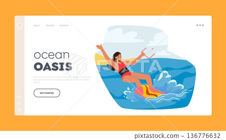 Kite Surfing Landing Page Template. Woman Using Kite To Harness The Wind, Glides Over The Waves, Performing Tricks Kite Surfing Landing Page Template. Woman Using Kite To Harness The Wind, Glides Over The Waves, Performing Tricks 136776632