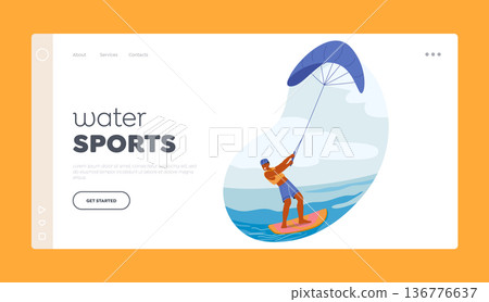 Water Sports Landing Page Template. Kite Surfer Male Character Riding The Waves, Skillfully Maneuvering On Water 136776637
