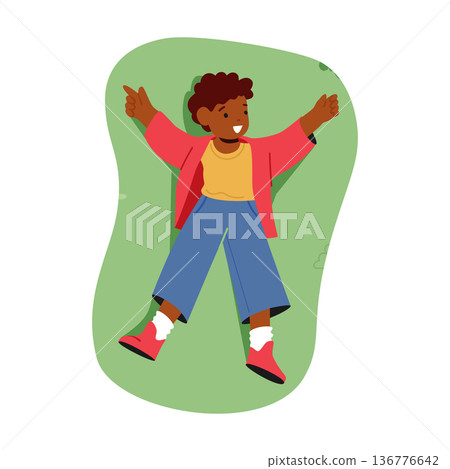 Black Boy Character Resting On Lush Green Meadow, Viewed From Above. Serene And Peaceful Scene, Vector Illustration Black Boy Character Resting On Lush Green Meadow, Viewed From Above. Serene And Peaceful Scene, Vector Illustration 136776642