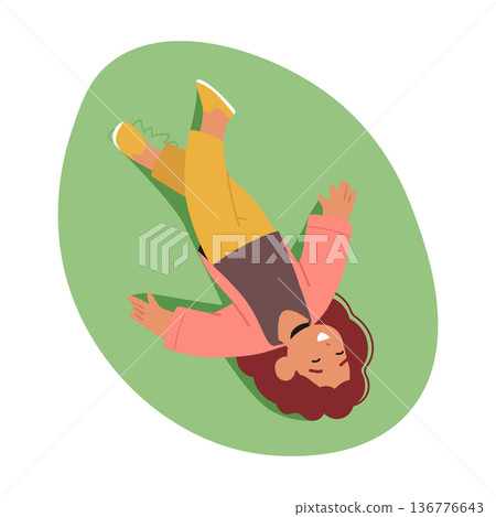 Top View of Little Girl Resting On Green Meadow, Enjoying Nature, Surrounded By Nature's Beauty, Cartoon Illustration 136776643