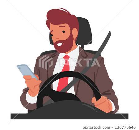 Unsafe And Illegal Behavior. Man Character Using Mobile Phone While Driving, Putting Himself And Others At Risk Unsafe And Illegal Behavior. Man Character Using Mobile Phone While Driving, Putting Himself And Others At Risk 136776646