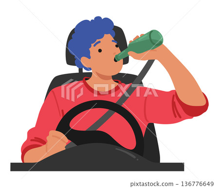 Dangerous Behavior of Man Irresponsibly Consumes Alcohol While Operating A Vehicle. Male Character Posing A Risk 136776649