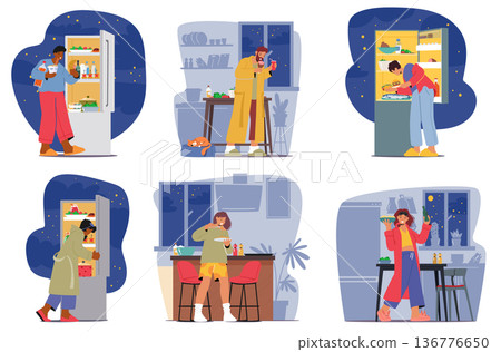 Set of Characters Eating at Night. Act Of Consuming Food During The Nighttime Hours, Late-night Snacking, Cravings Set of Characters Eating at Night. Act Of Consuming Food During The Nighttime Hours, Late-night Snacking, Cravings 136776650