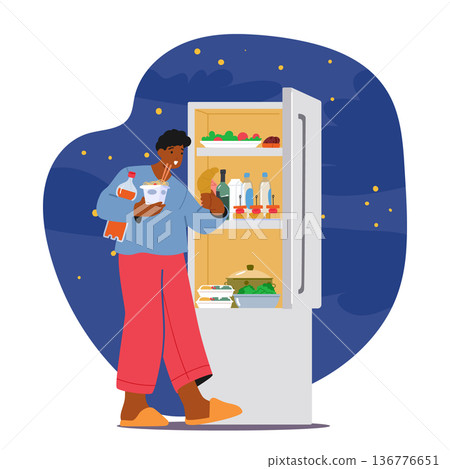 Late-night Snacking Concept. Male Character Opens The Fridge Seeking Sustenance In The Darkness, Vector Illustration Late-night Snacking Concept. Male Character Opens The Fridge Seeking Sustenance In The Darkness, Vector Illustration 136776651