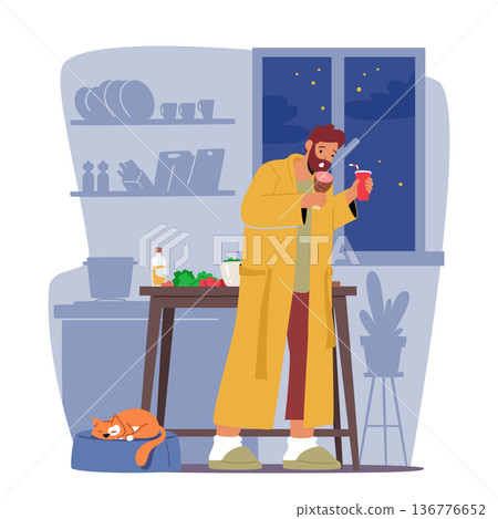 Nighttime Eating, Unhealthy Habit Where A Character Consumes Food Excessively During The Night, Vector Illustration Nighttime Eating, Unhealthy Habit Where A Character Consumes Food Excessively During The Night, Vector Illustration 136776652