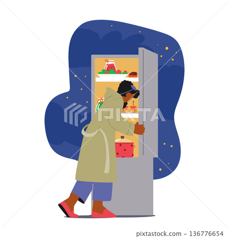 Late-night Fridge Raiding. Female Character Opens The Fridge In Search Of A Midnight Snack, Seeking Comfort Late-night Fridge Raiding. Female Character Opens The Fridge In Search Of A Midnight Snack, Seeking Comfort 136776654