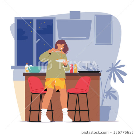 Nighttime Binge Eating. Detrimental Habit Where A Person Consumes Excessive Amounts Of Food During The Night 136776655