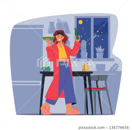 Nighttime Eating, Detrimental Habit Where Person Consumes Food During The Evening Or Late At Night, Vector Illustration Nighttime Eating, Detrimental Habit Where Person Consumes Food During The Evening Or Late At Night, Vector Illustration 136776656