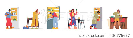 Indulging In Late-night Snacking, Characters Satisfy Their Cravings In The Late Hours, Seeking Food in Open Fridge 136776657