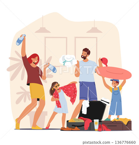 Young Family With Kids Packing Suitcase Organizing Their Belongings And Getting Ready For a Trip Vector Illustration Young Family With Kids Packing Suitcase Organizing Their Belongings And Getting Ready For a Trip Vector Illustration 136776660